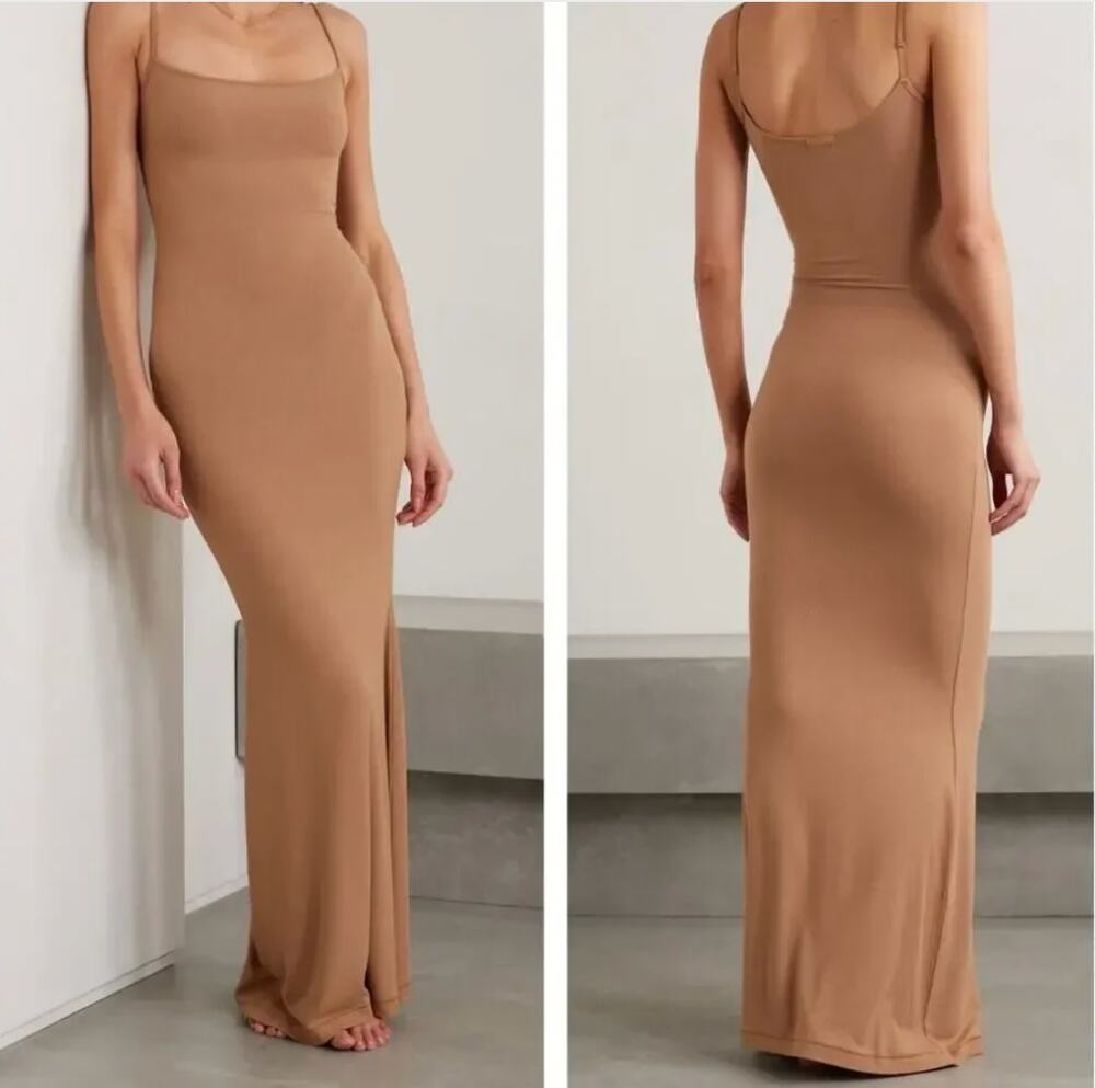 SKIMS Soft Lounge Ribbed Maxi Slip Dress | Camel | Small